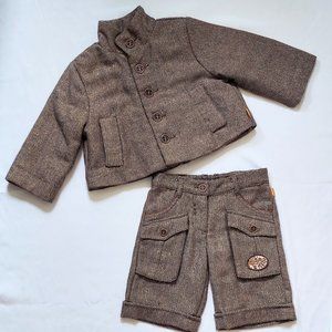 PJE Reload Girls Soft Brown Gold Tweed Padded Blazer Bermuda Shorts Set Size 6